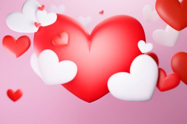 Kırmızı ve beyaz kalp sevgililer günü arkaplanı, 3 boyutlu çizimler 