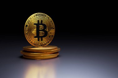 Koyu arkaplanda altın bitcoin, 3 boyutlu çizimler  