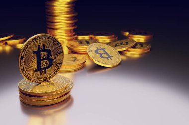 Koyu arkaplanda altın bitcoin, 3 boyutlu çizimler  