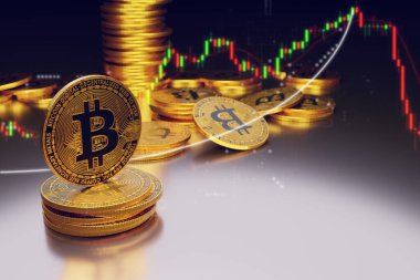 Koyu arkaplanda altın bitcoin, 3 boyutlu çizimler  