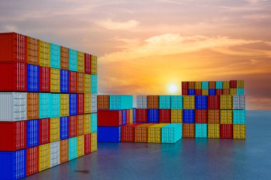 Konteynır kargo gemisi ihracat işi ve lojistik ulaşım güzel gün batımı, üç boyutlu çizimler 