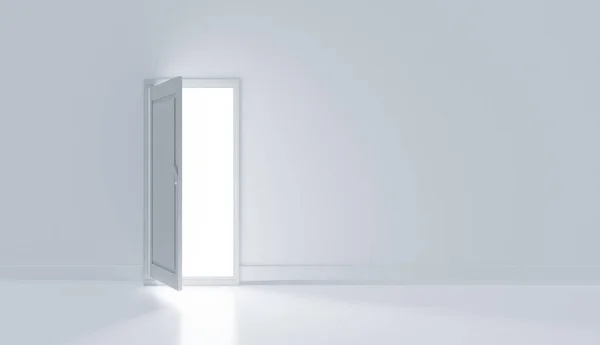 Realistic white door with light and white room, 3D illustrations rendering
