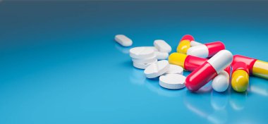 Mavi arka planda tam renk ilacı, 3D illüstrasyon oluşturma