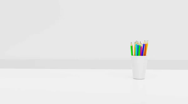 きれいな部屋と白いセラミックカップのフルカラーの鉛筆 3Dイラストレンダリング — ストック写真