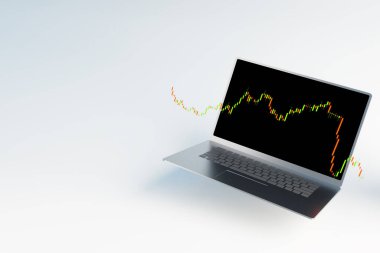 Forx hisse senedi grafiği ve öngörülen alım satım için dizüstü bilgisayar döviz, Forex ticaret bayrağı, 3D illüstrasyon çizimi