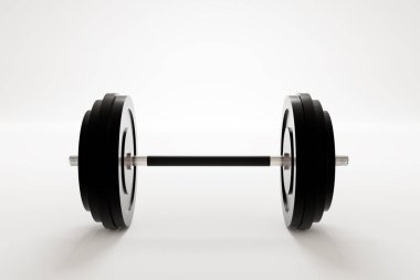 Beyaz arka planda siyah dambıl, güçlendirme egzersizi ve kas geliştirme ekipmanı, 3D illüstrasyon