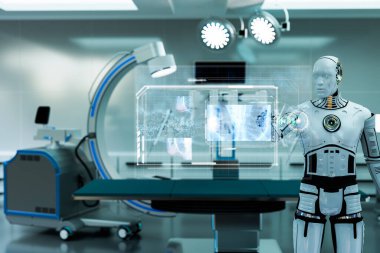 Robot işlem odasında çalışıyor, robot ekrana dokunuyor ve x-ray görüntüsünü izliyor