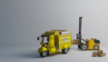 Robot kaldırma küçük kamyon ve teslimat için paket kutusu almak için çalışıyor, 3D illüstrasyon
