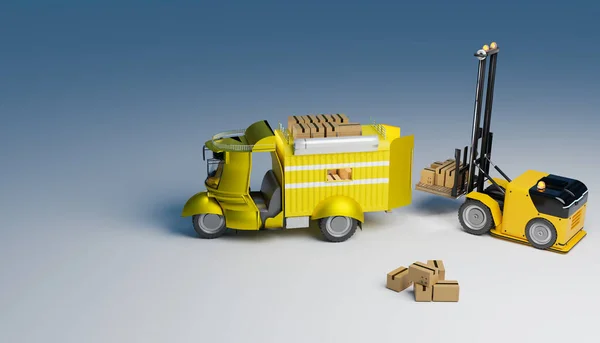 吊装机器人将包裹箱搬到小卡车和送货处 3D图解绘制 — 图库照片