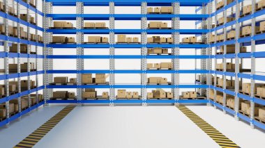 Beyaz arkaplandaki depoda 3d raf, 3d resimleme