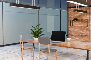 Model dizüstü bilgisayarı olan çalışma odası, üç boyutlu çizimler