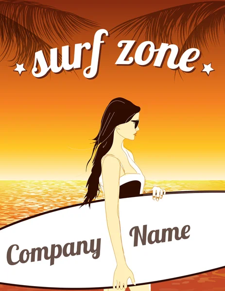 Surfing zone poster. Girl with surfboard at sunset. Copy-space - place for company name. Summer time vector illustration. — Stock Vector