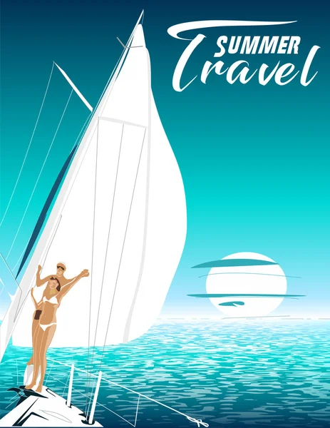 Summer travel vector illustration. Summer holidays at sea. Happy couple traveling by yacht at sunset. Place for text. — Stock Vector