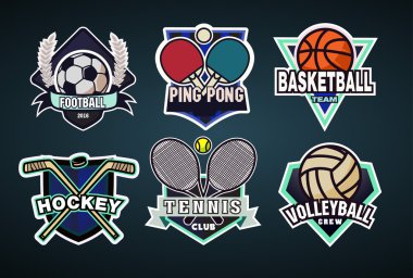 Renkli spor logosu, etiketleri, amblem ve tasarım öğeleri futbol, Masa Tenisi, basketbol, hokey, tenis, voleybol için ayarlayın. Siyah izole vektör çizimler