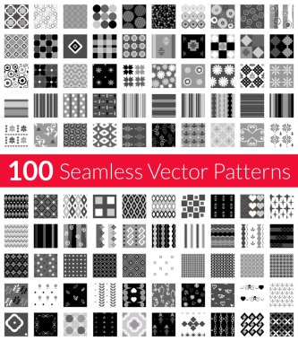 100 Universal different gray-scale vector seamless patterns tiling. Endless texture can be used for wallpaper, fills, web background, surface textures, textile. Monochrome geometric ornaments.