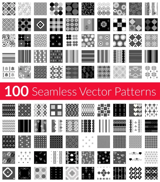100 Universal different gray-scale vector seamless patterns tiling. Endless texture can be used for wallpaper, fills, web background, surface textures, textile. Monochrome geometric ornaments. — Stockvector