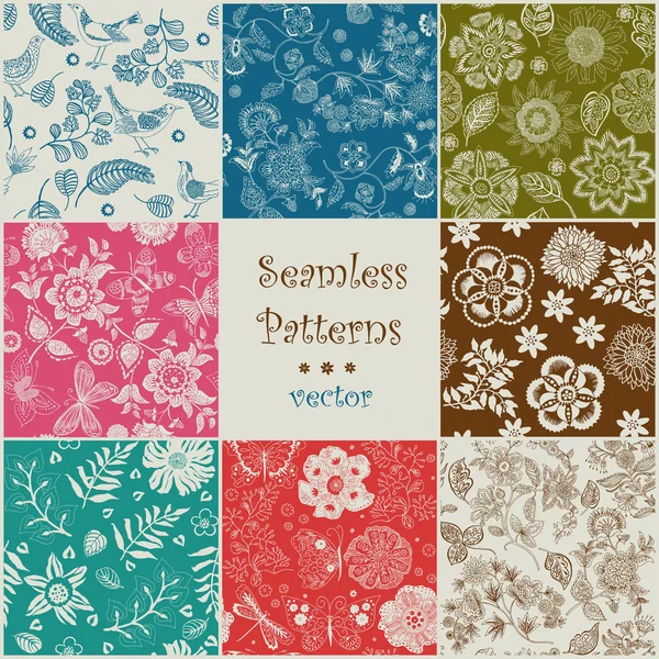 カラフルな花柄のシームレスなベクトルのセット — ストックベクタ