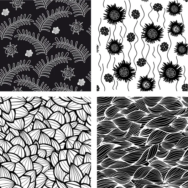 Conjunto de quatro padrões sem costura preto e branco onda e floral. Pode ser usado para papel de parede, enchimentos padrão, fundo da página web, texturas de superfície . — Vetor de Stock