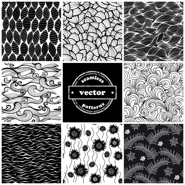 Set of eight seamless black and white wave and floral pattern ns.Can be used for wallpaper, pattern fills, web page background, surface textures . — стоковый вектор