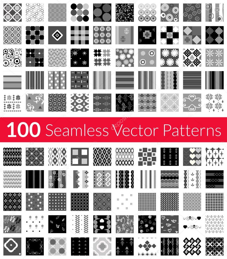100 Universal different gray-scale vector seamless patterns tiling. Endless texture can be used for wallpaper, fills, web background, surface textures, textile. Monochrome geometric ornaments.