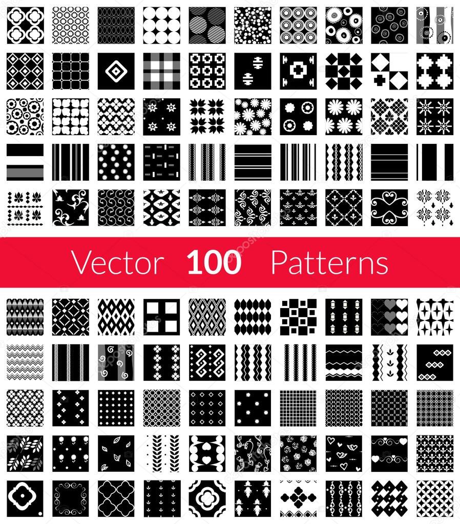 100 Universal different black and white vector seamless patterns tiling. Endless texture can be used for wallpaper, fills, web background, surface textures, textile. Monochrome geometric ornaments.