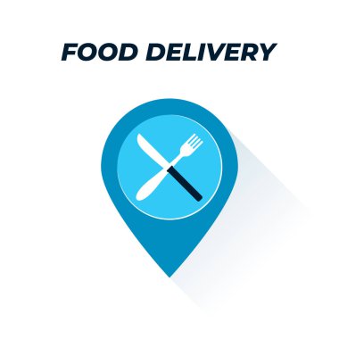 Düz yiyecek ikonu takip ediliyor. Üzerinde çatal ve bıçak sembolü olan konum işaretinin vektör renkli çizimi. Yemek yiyecek bir yer bulma, kafe pozisyonu, yemek teslimatı, yemek siparişi izleme kavramını temsil eder.