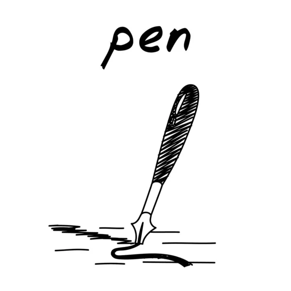 笔墨手绘插图 卡通剪贴画的鹅毛笔在纸上的签名 带有书写工具概念的黑白草图 文件签名 — 图库矢量图片