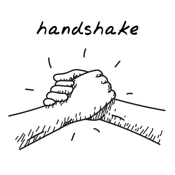 强大的Hanshake手绘插图 卡通剪贴画的两只肌肉发达的手形成了一种运动风格的握手 具有运动队概念的黑白素描 男性结合 兄弟情谊 — 图库矢量图片