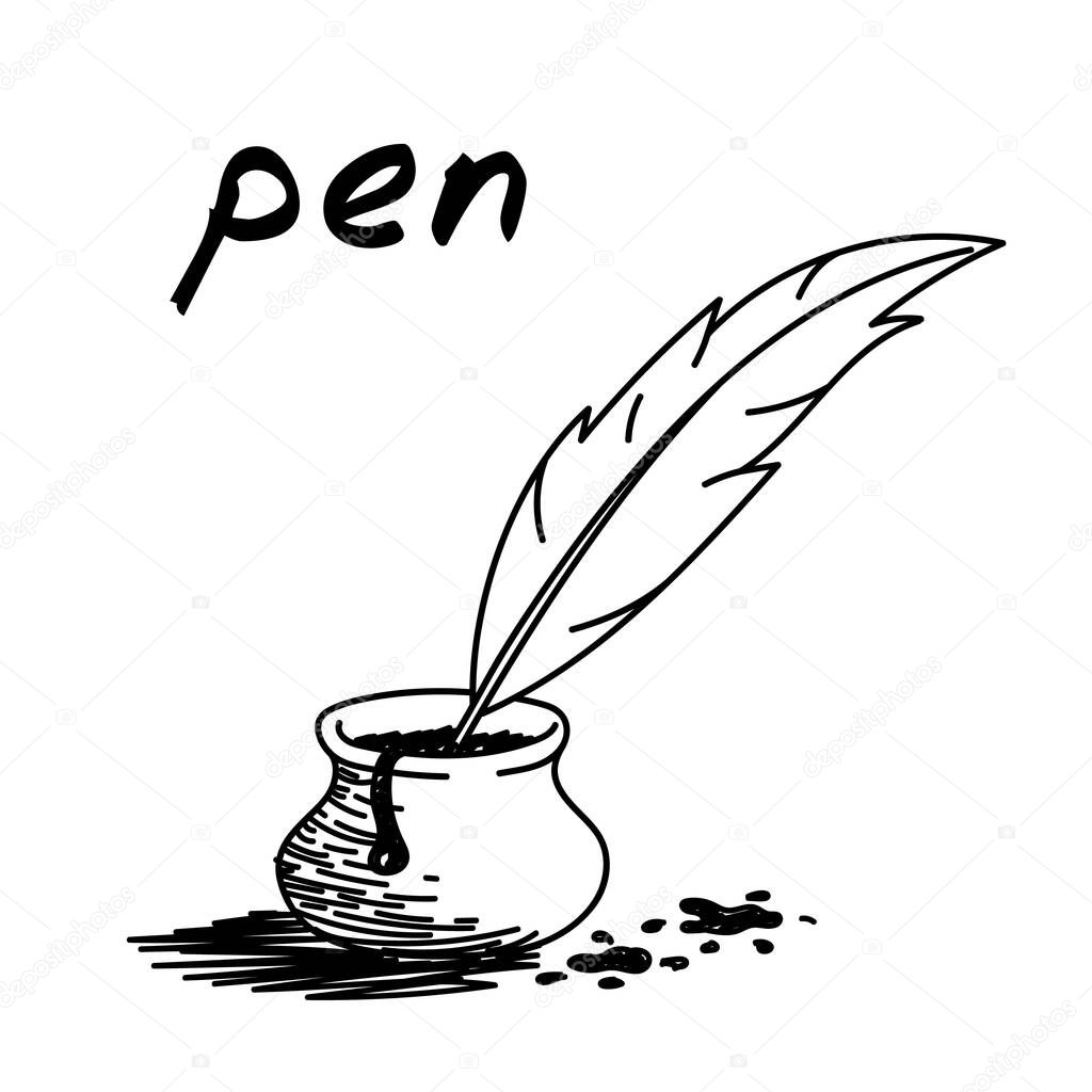 Feather quill pen handdrawn illustration. Cartoon clip art of a goose-quill pen in glass ink bottle. Black and white sketch with concept of writing instruments, signature of document