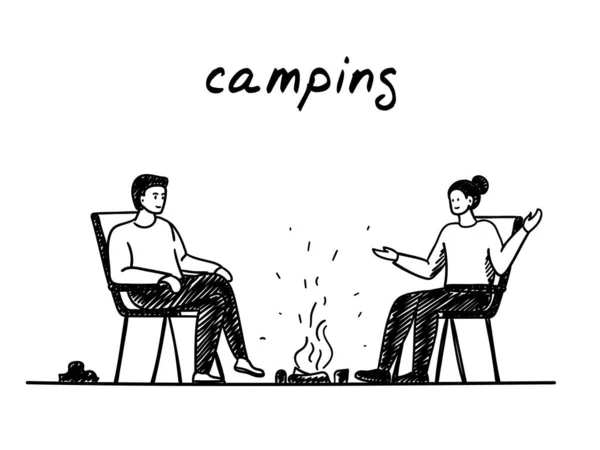 Couple and campfire handdrawn illustration. Cartoon clip art of a man and woman sitting by the bonfire and talking. Black and white sketch of cozy atmosphere, talk, nature, tourism, campground