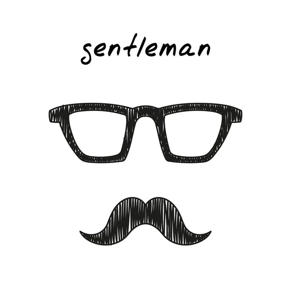 Gentleman Handdrawn Illustration Cartoon Clip Art Eyeglasses Mustache Black White — Stock vektor
