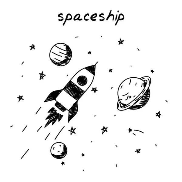 Rocket flying in space hand-drawn illustration. Cartoon clip art of a spaceship flying in space between the planets. Black and white sketch of the concept of interplanetary traveling, space