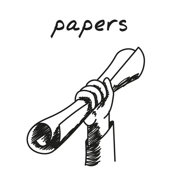 Ručně držící papírový dokument ručně kreslené ilustrace. Cartoon vector clip art lidské ruky svírající papírový dokument. Černobílý náčrt pojmu cenné papíry, papíry, finanční zprávy — Stockový vektor