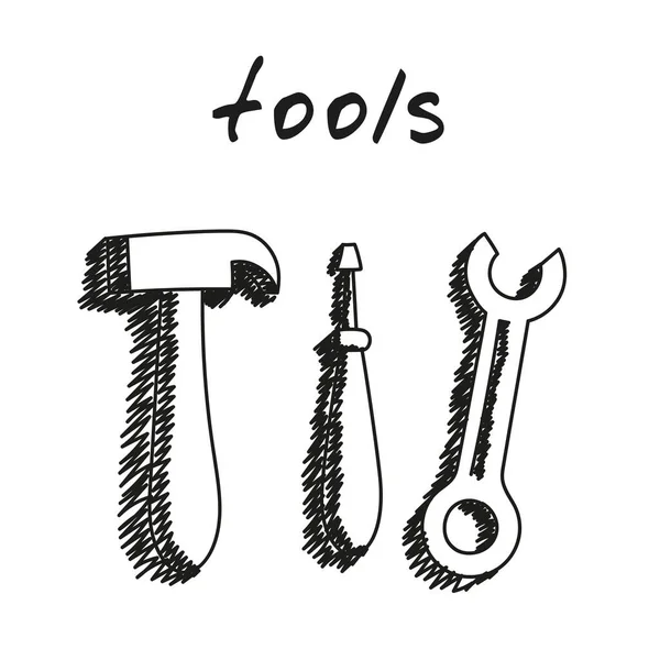 Ferramentas de trabalho ilustração desenhada à mão. Desenhos animados arte clipe vetorial de um martelo, chave de fenda e chave de fenda. Esboço preto e branco das ferramentas para trabalhos de construção e renovação, equipamento simples do construtor — Vetor de Stock
