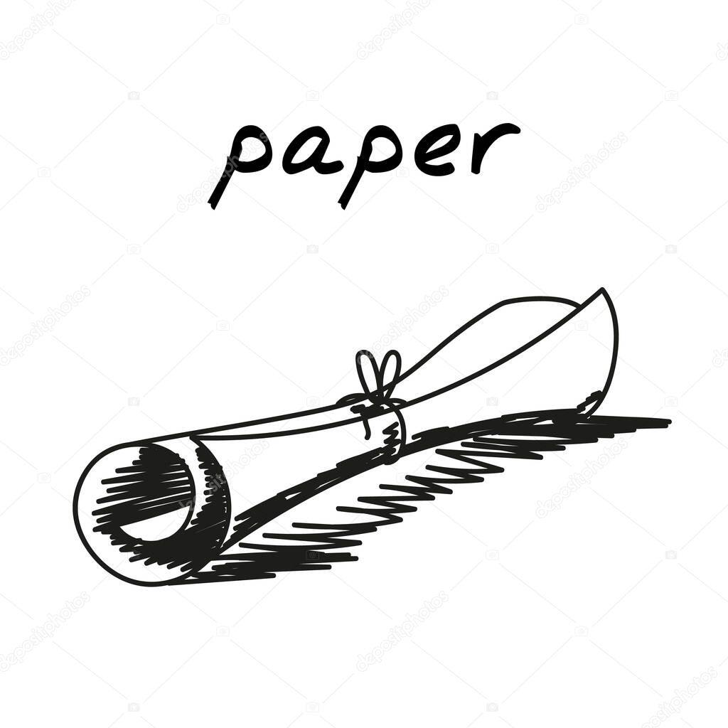 Scroll hand-drawn illustration. Cartoon vector clip art of an old paper document tied with thread. Black and white sketch of the concept of ancient times, archaeological finds, knotted manuscript
