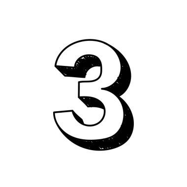 3 numara el yazısıyla yazılmış yazı tipi alfabesi. 3 numaralı Arap rakamlarının vektör illüstrasyonu. Elle çizilmiş siyah beyaz 3 numaralı yazı sembolü. Logo olarak kullanılabilir.