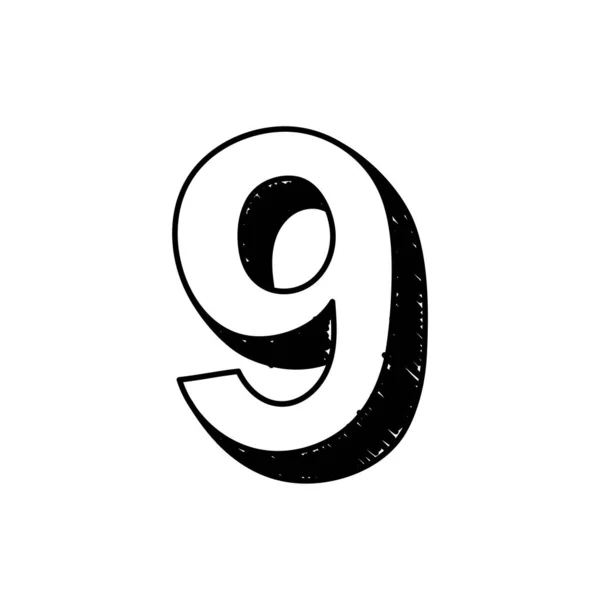 9号手绘字体字母表阿拉伯数字第9号的矢量说明。手绘黑色和白色的9号字体符号。可用作标识、图标 — 图库矢量图片