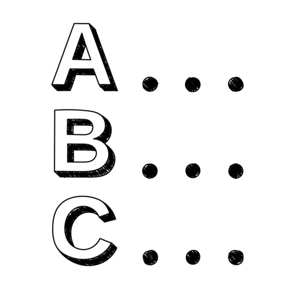 Harflerin el çizimi simgesi. ABS listesinin öğeleri ve noktaları olan vektör çizimi, eğitici test simgesi. Elle çizilmiş siyah-beyaz Roma alfabesi ABC harfleri öğeler veya sınav sorularının bir listesi olarak