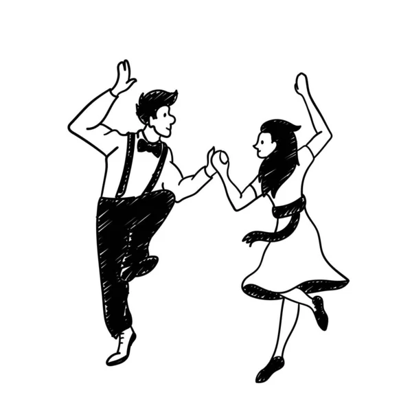 Para tańczących ręcznie rysowanych ilustracji. Cute wektor kreskówki clip sztuki chłopca i dziewczyny wykonujących taniec para na imprezie jako duet. Czarno-biały szkic mężczyzny i kobiety tańczących razem — Wektor stockowy