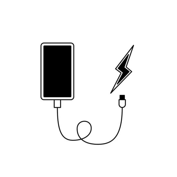 Smartphone opladen pictogram. Cartoon vector icoon van een smartphone met oplaadkabel en bliksem symbool. Zwart-wit concept illustratie van een bliksemafleider, USB en micro-usb aansluiting — Stockvector