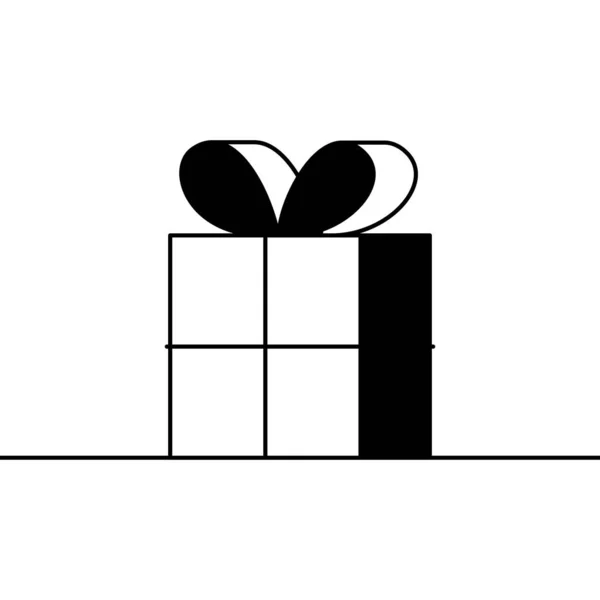 Geschenk-Box-Symbol. Cartoon-Vektor-Symbol eines verpackten Geschenks, das mit einer Schleife und einer Schleife umwickelt und gebunden ist. Schwarz-Weiß-Skizze mit Konzept des Weihnachtsgeschenks wartet darauf, eröffnet zu werden — Stockvektor