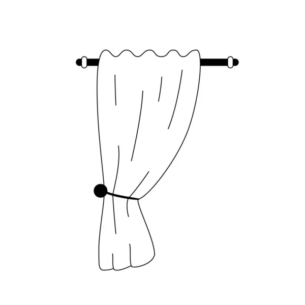 Curtain icon. Outline vector icon of a curtain hanging on the cornice. Black and white linear illustration of a fabric curtain on the cornice tied with a rope — Stock Vector