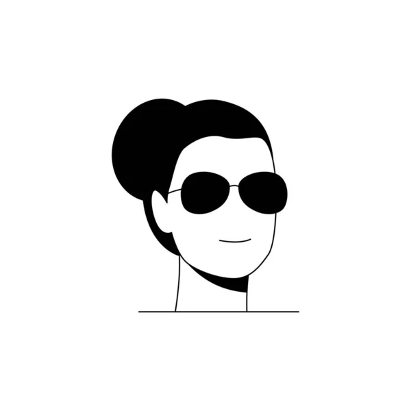 Porträt eines lächelnden Mädchens. Vector Schwarz-Weiß-Illustration eines glücklich lächelnden süßen Mädchens mit Sonnenbrille. Einfaches Symbolbild von Frauengesicht, das als Avatar oder Charakterporträt verwendet werden kann — Stockvektor