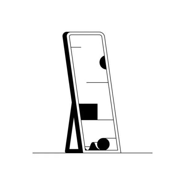 Icono del espejo. Esquema icono vectorial de un gran espejo. Ilustración lineal en blanco y negro de un espejo de pie alto con reflejos. Espejo en una tienda de ropa de moda — Vector de stock