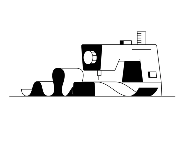 Nähmaschinen-Ikone. Umrissvektorsymbol der modernen Heimnähmaschine mit einem Stück Stoff. Lineare Schwarz-Weiß-Illustration eines Nähmaschinengewebes — Stockvektor