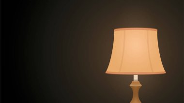 Masadaki karanlık bir odada gece lambası. Karanlıkta hafifçe parlayan bir lambanın vektör çizimi. Klasik ahşap gece lambası. Manşet için boş alanı olan pankart şablonu. Web sitesi afişi