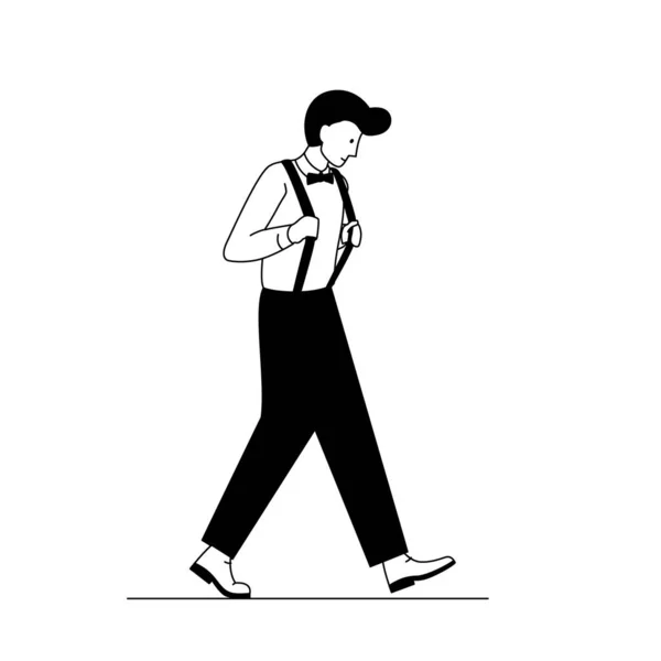 Stylowy chłopak noszący szelki i łuk. Zarys ilustracji wektora człowieka stojącego w modnej stylowej odzieży. Czarno-biała liniowa ilustracja mężczyzny noszącego aparat na zęby i muszkę — Wektor stockowy