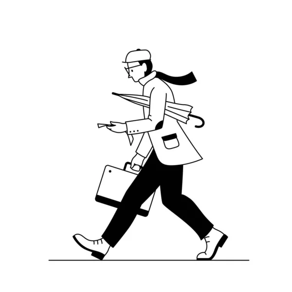 Stylowy mężczyzna z walizką i parasolem. Czarno-biała linia wektor ilustracja modny młody człowiek w kapeluszu z okularami idąc ulicą i patrząc na papier w dłoni — Wektor stockowy