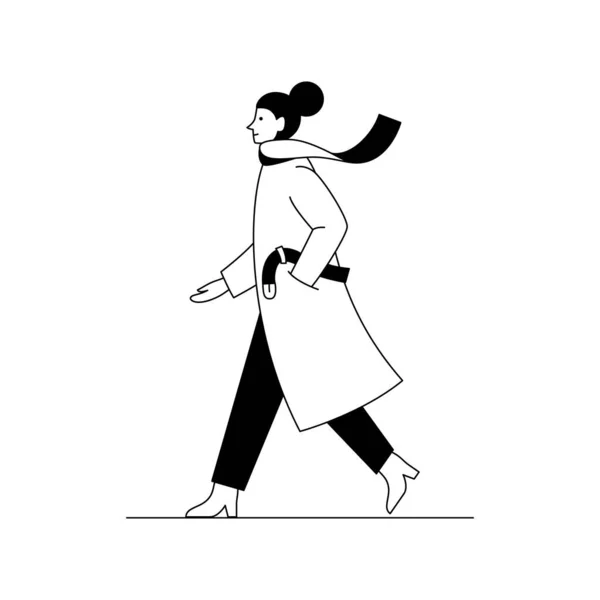Mulher elegante andando pela rua vestindo casaco e cachecol. Desenhe a ilustração vetorial de uma mulher andando em roupas elegantes e elegantes. ilustração linear preto e branco. —  Vetores de Stock
