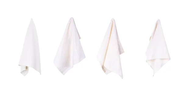 Zestaw Czterech Wiszących Białych Ręczników Kuchennych Izolowanych Białym Tle Gotowanie Zdjęcie Stockowe